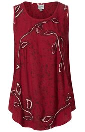Rotes ärmelloses Damenoberteil mit schwarzem Blumenmuster, runde Halslinie, locker fallender Schnitt, weiß-schwarze Blattmotive am Saum und auf der Schulter