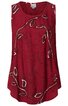 Rotes ärmelloses Damenoberteil mit schwarzem Blumenmuster, runde Halslinie, locker fallender Schnitt, weiß-schwarze Blattmotive am Saum und auf der Schulter
