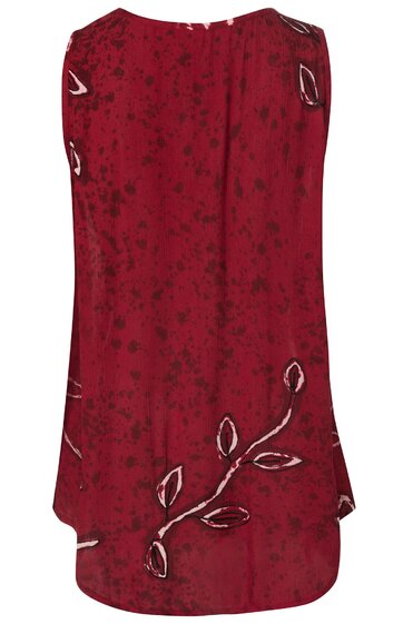 Rotes ärmelloses Kleid mit dunkelrot-schwarzem Blumenmuster, rundem Ausschnitt, lockerer Schnitt, ausgestellter Saum, rückwärtig abgebildet