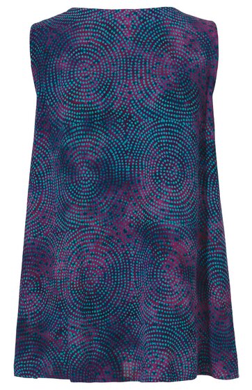 A-Linien-Kleid in dunklem Blau mit pinkfarbenem, kreisförmigem Punktemuster, ärmellos, rund ausgeschnitten, knielang