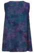 A-Linien-Kleid in dunklem Blau mit pinkfarbenem, kreisförmigem Punktemuster, ärmellos, rund ausgeschnitten, knielang