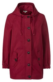 Roter Damenparka mit durchgehender Knopfleiste, Kapuze mit Tunnelzug, zwei aufgesetzte Taschen mit Knöpfen, elastische Ärmelabschlüsse, gerade geschnitten