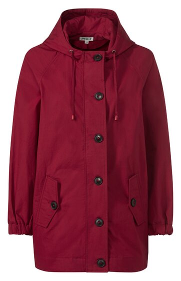 Roter Damenparka mit durchgehender Knopfleiste, Kapuze mit Tunnelzug, zwei aufgesetzte Taschen mit Knöpfen, elastische Ärmelabschlüsse, gerade geschnitten