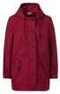 Roter Damenparka mit durchgehender Knopfleiste, Kapuze mit Tunnelzug, zwei aufgesetzte Taschen mit Knöpfen, elastische Ärmelabschlüsse, gerade geschnitten