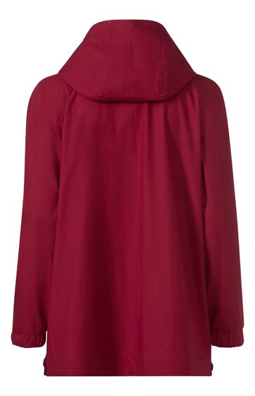 Dunkelroter Parka, einfarbig, Kapuze, lange Ärmel mit elastischen Bündchen, gerade geschnitten, ohne sichtbare Verschlüsse oder Taschen auf der Rückseite
