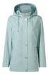 Hellblaue Damenjacke mit Kapuze, durchgehender Reißverschluss und Druckknöpfen, gesteppte Vorderseite mit diagonalen Linien, lange Ärmel, zwei seitliche Reißverschlusstaschen