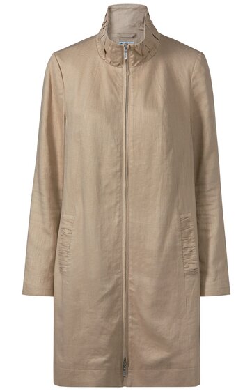 Hellbeiger, knielanger Mantel ohne Muster, Stehkragen, durchgehender Reißverschluss, lange Ärmel, seitliche Eingrifftaschen, gerade geschnitten