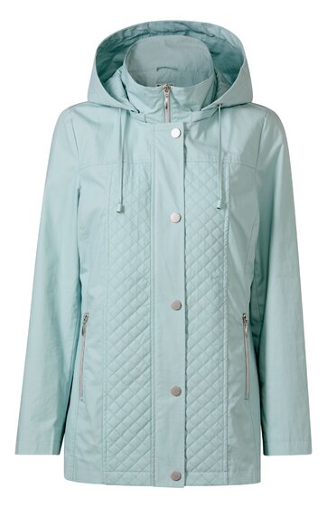 Hellblaue Damenjacke mit Kapuze, durchgehender Reißverschluss und Druckknöpfen, gesteppte Vorderseite mit diagonalen Linien, lange Ärmel, zwei seitliche Reißverschlusstaschen