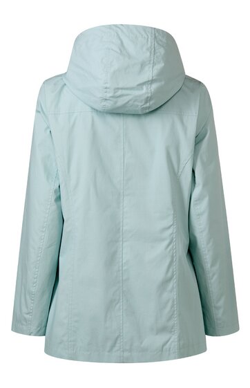 Hellblaue Regenjacke ohne Muster, Kapuze, lange Ärmel, gerader Schnitt, sichtbare Nähte, Rückansicht