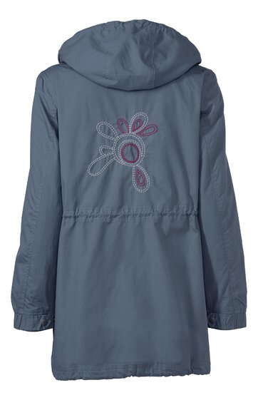 Dunkelblauer Parka mit Kapuze, lange Ärmel, Taillenzug, Rückseite mit floralem Muster in Hellrosa und Hellgrau, gerade geschnitten