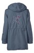 Dunkelblauer Parka mit Kapuze, lange Ärmel, Taillenzug, Rückseite mit floralem Muster in Hellrosa und Hellgrau, gerade geschnitten
