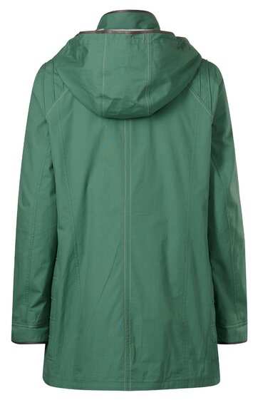 Grüner Regenmantel, einfarbig, mit Kapuze, langer Schnitt, Reißverschluss verdeckt, gerade Passform, Rückansicht