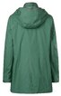 Grüner Regenmantel, einfarbig, mit Kapuze, langer Schnitt, Reißverschluss verdeckt, gerade Passform, Rückansicht