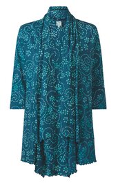 Türkisblaues langes Oberteil mit lockerem Schnitt, weißen gemusterten Kreisen, 3/4-Ärmeln, V-Ausschnitt mit schmalem Halstuch, offener Vorderseite