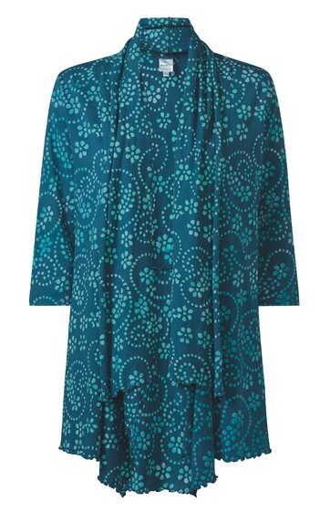 Türkisblaues langes Oberteil mit lockerem Schnitt, weißen gemusterten Kreisen, 3/4-Ärmeln, V-Ausschnitt mit schmalem Halstuch, offener Vorderseite