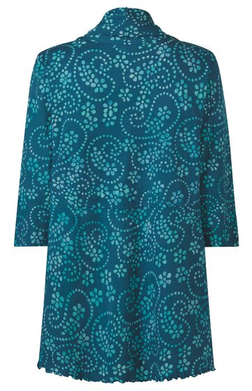 Dunkelgrüner Damenmantel mit türkisfarbenem Paisleymuster, 3/4-Ärmel, Stehkragen, tailliert, hinten länger geschnitten