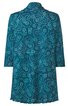 Dunkelgrüner Damenmantel mit türkisfarbenem Paisleymuster, 3/4-Ärmel, Stehkragen, tailliert, hinten länger geschnitten