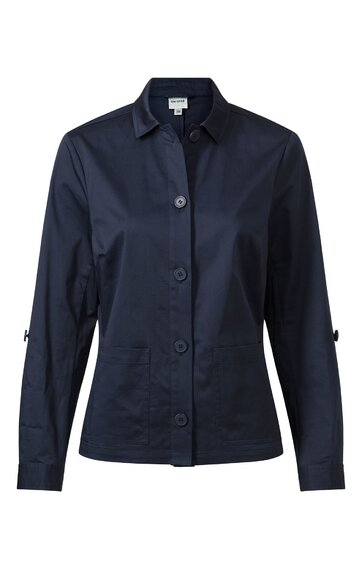 Dunkelblaue Bluse mit durchgehender Knopfleiste, Hemdkragen, lange Ärmel mit verstellbarem Manschettenknopf, gerade geschnitten