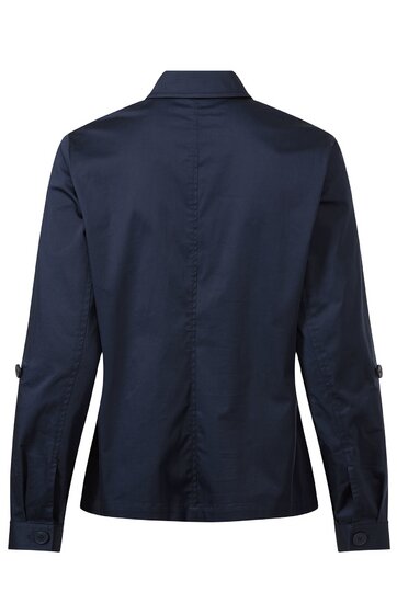 Dunkelblaue Langarmbluse ohne Muster, Hemdblusenkragen, Rückenansicht, gerade geschnitten, mit Knöpfen an den Ärmelenden