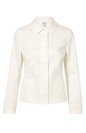 Weiße Damenjacke mit klassischem Hemdkragen, durchgehender Knopfleiste, langen Ärmeln, zwei aufgesetzten Fronttaschen, gerade geschnitten