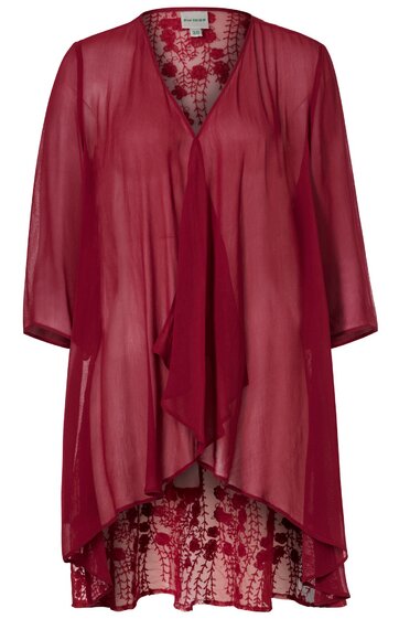 Rotes Chiffon-Kleid mit Spitzen-Unterkleid, V-Ausschnitt, 3/4-Ärmel, asymmetrischer Saum, locker fallend