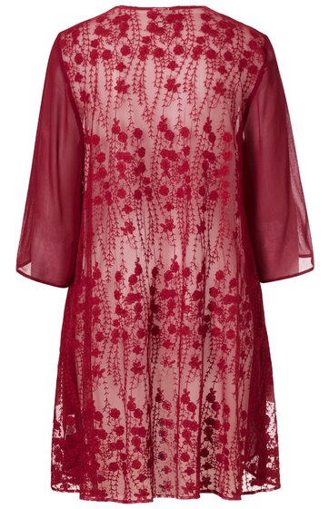 Rotes transparentes Kleid mit floraler Spitzenstickerei, lange Ärmel aus transparentem Stoff, Rundhalsausschnitt, knielang, gerade geschnitten