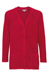 Roter, langärmliger Cardigan mit V-Ausschnitt, durchgehender Knopfleiste, zwei aufgesetzten Taschen vorn, gerade geschnitten