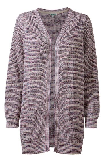 Offene lange Strickjacke in flieder mit feinem mehrfarbigem Muster, V-Ausschnitt, lange Ärmel, gerader Schnitt, Bündchen am Ärmelsaum und Saum