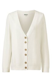 Weißer Damenstrickcardigan, V-Ausschnitt, längs verlaufende Knopfleiste mit sechs braunen Knöpfen, lange Ärmel, gerade geschnitten