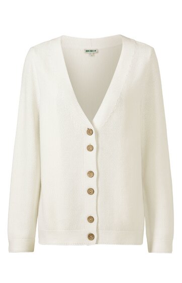 Weißer Damenstrickcardigan, V-Ausschnitt, längs verlaufende Knopfleiste mit sechs braunen Knöpfen, lange Ärmel, gerade geschnitten