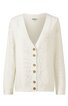 Weißer Damenstrickcardigan, V-Ausschnitt, längs verlaufende Knopfleiste mit sechs braunen Knöpfen, lange Ärmel, gerade geschnitten