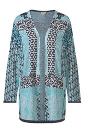 Langärmelige Strickjacke in Hellblau und Schwarz, gemustert mit abstrakten Formen und Linien, offene Vorderseite ohne Verschluss, gerader Schnitt, mittellang, zwei aufgesetzte Taschen vorne