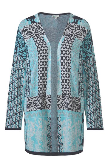 Langärmelige Strickjacke in Hellblau und Schwarz, gemustert mit abstrakten Formen und Linien, offene Vorderseite ohne Verschluss, gerader Schnitt, mittellang, zwei aufgesetzte Taschen vorne