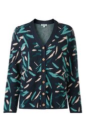 Dunkelblauer Damencardigan mit abstraktem Muster in Türkis und Beige, V-Ausschnitt, lange Ärmel, Knopfleiste mit sechs braunen Knöpfen, gerade Form