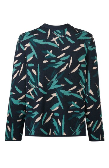 Langärmliges Oberteil in Dunkelblau mit abstraktem Muster aus türkisfarbenen und beigen Federformen, runder Ausschnitt, gerade Passform