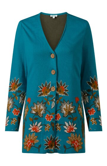 Türkisfarbener Damencardigan mit floralem Muster in Orange, Braun und Grün am Saum und an den Ärmeln, V-Ausschnitt, lange Ärmel, vier große braune Knöpfe, gerade geschnittener Saum