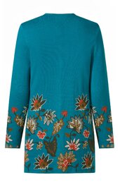 Langes Pulloverkleid in petrolblau mit buntem Blumendesign am unteren Saum und den Ärmeln, rundem Halsausschnitt, lange Ärmel, gerade geschnitten