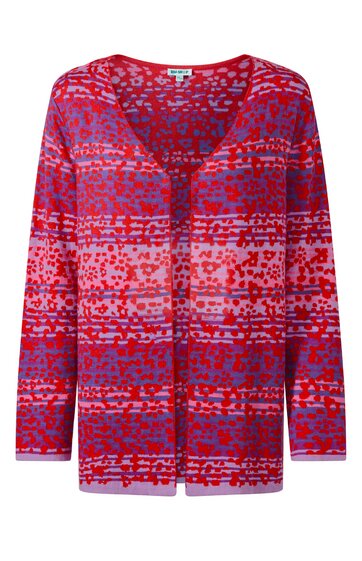 Langärmlige Strickjacke in Rot und Lila mit abstraktem Muster, tiefer V-Ausschnitt, durchgehende Knopfleiste, gerade geschnitten