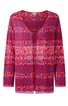 Langärmlige Strickjacke in Rot und Lila mit abstraktem Muster, tiefer V-Ausschnitt, durchgehende Knopfleiste, gerade geschnitten