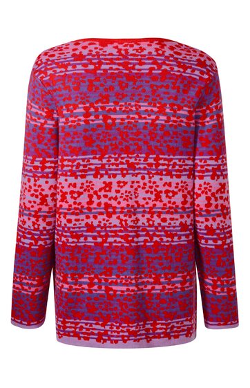 Langärmeliges Oberteil in Rot und Violett mit abstraktem Muster, Rundhalsausschnitt, gerade geschnitten, Rückansicht