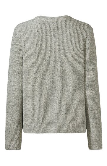 Hellgrauer Pullover mit langem Ärmel, gerader Schnitt, Rundhalsausschnitt, unifarben, geripptes Strickmuster, von hinten gezeigt