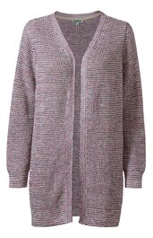 Offene lange Strickjacke in flieder mit feinem mehrfarbigem Muster, V-Ausschnitt, lange Ärmel, gerader Schnitt, Bündchen am Ärmelsaum und Saum