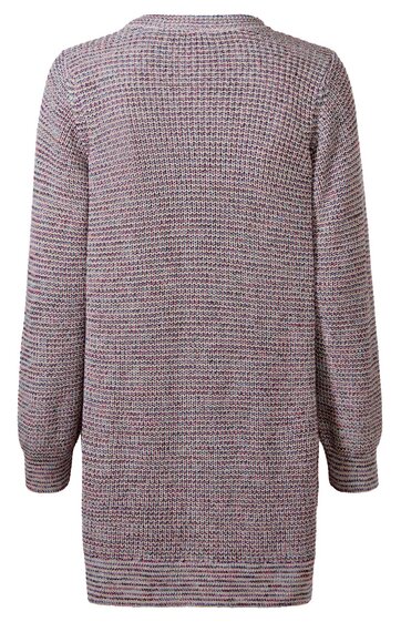 Langärmliger Strickpullover in meliertem Grau und Violett, rundhalsausschnitt, gerade geschnitten, gerippte Bündchen an Ärmeln und Saum