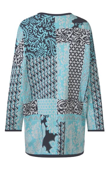 Langärmeliges Longshirt in Hellblau, Schwarz und Grau mit abstraktem Patchworkmuster, Rundhalsausschnitt, gerade geschnitten, mittellang