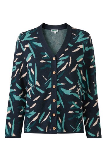 Dunkelblauer Damencardigan mit abstraktem Muster in Türkis und Beige, V-Ausschnitt, lange Ärmel, Knopfleiste mit sechs braunen Knöpfen, gerade Form