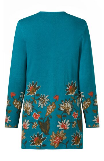 Langes Pulloverkleid in petrolblau mit buntem Blumendesign am unteren Saum und den Ärmeln, rundem Halsausschnitt, lange Ärmel, gerade geschnitten