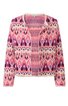 Langärmelige Strickjacke in Altrosa mit geometrischem Rautenmuster in Pink, Lila und Weiß, Rundhalsausschnitt, offene Vorderseite ohne Verschluss, gerade geschnitten