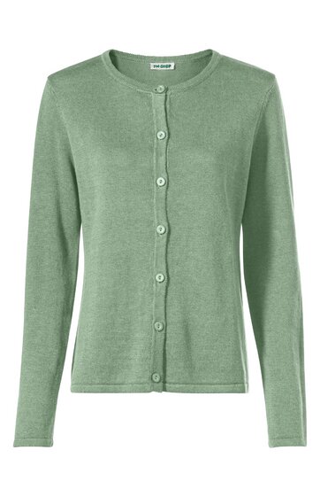 Hellgrüner Damenstrickcardigan, unifarben, rundhalsausschnitt, durchgehende Knopfleiste mit sechs Knöpfen, lange Ärmel, gerade geschnitten