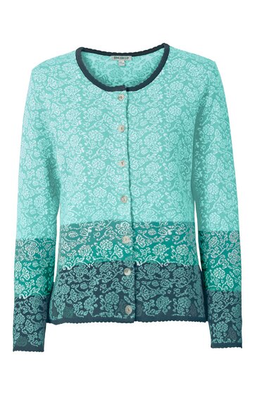 Hell- bis dunkelgrüne Strickjacke mit Blumenmuster, runder Ausschnitt, lange Ärmel, durchgehende Knopfleiste, gerade geschnitten