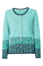 Hell- bis dunkelgrüne Strickjacke mit Blumenmuster, runder Ausschnitt, lange Ärmel, durchgehende Knopfleiste, gerade geschnitten